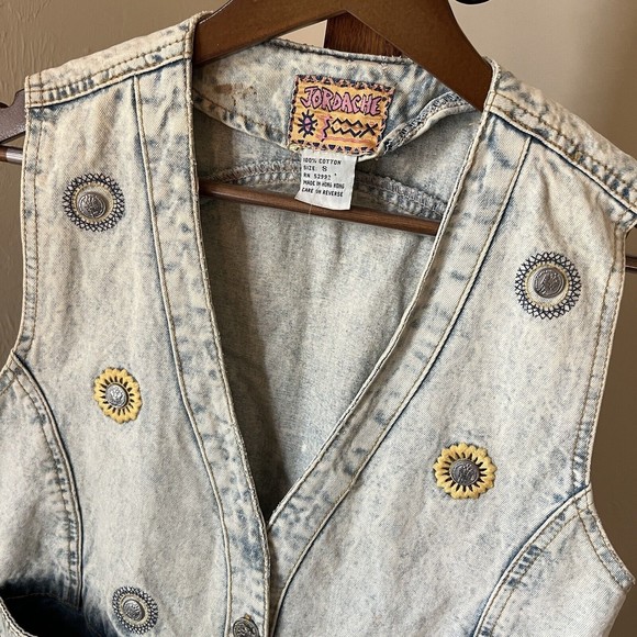 Vtg Women Jordache Denim Jean Vest Small Embroidered Flower Embellished Acid Y2K - Picture 4 of 8